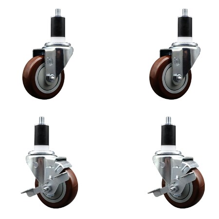 Service Caster 3.5'' SS Maroon Poly Wheel Swivel 1-1/2'' Expanding Stem Caster Set 2 Brakes, 4PK SCC-SSEX20S3514-PPUB-MRN-2-TLB-2-112